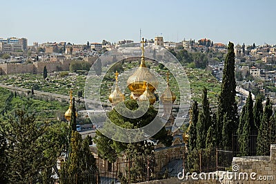 Golden domes of the Church of Mary Magdalene Editorial Stock Photo