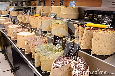 JERUSALEM, ISRAEL - APRIL, 2017: Halva for sale at Machane Yehuda Market. Editorial Stock Photo