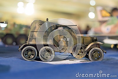 Scale model of BA-10 Vintage Second World War russian armored car Editorial Stock Photo