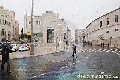 center of jerusalem. Central square, administrative buildings, large houses, few people, rain Editorial Stock Photo