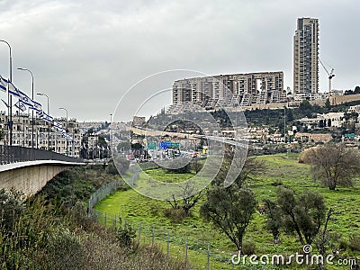 Residential complex Holyland next to Jerusalem Gazelle Valley is the urban nature site in Israel Editorial Stock Photo