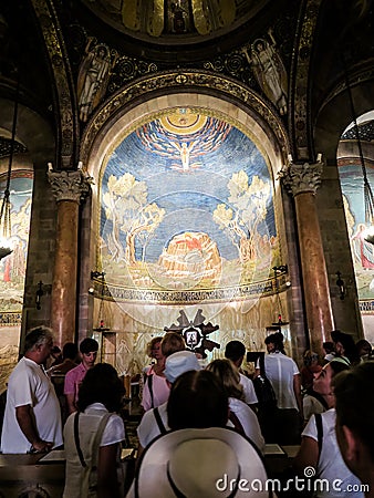 JERUSALEM, ISRAEL - JULY 13, 2015: The mosaic ceiling in The Church of All Nations (Basilica of the Agony) Editorial Stock Photo