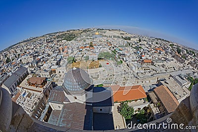 Fisheye lens shot of the panoramic view of the old city of Jerusalem Editorial Stock Photo