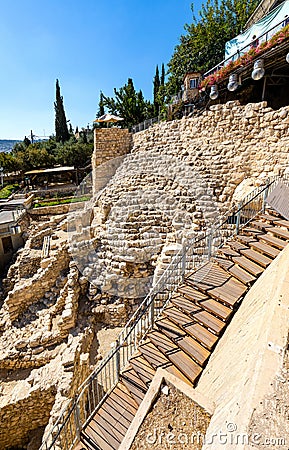 Royal Quarter archeological site with excavation of ancient City of David in Kidron Valley aside of Jerusalem Old City in Israel Editorial Stock Photo