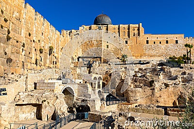Temple Mount south wall with Al-Aqsa Mosque and archeological excavation site in Jerusalem Old City in Israel Editorial Stock Photo
