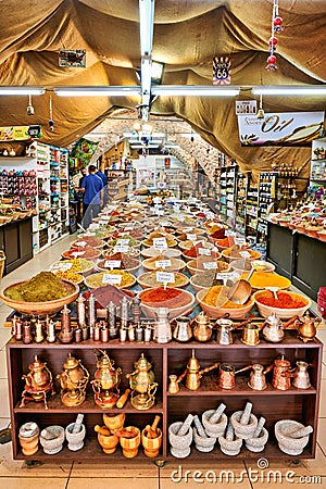 Jerusalem Israel. Selling spices in a shop of the old city Editorial Stock Photo