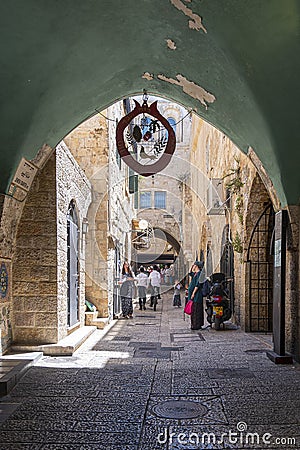 Jerusalem Israel 12-052019 View from under a passage on a narrow street in the Jewish quarter of Jerusalem. Editorial Stock Photo
