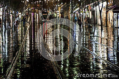 Jerusalem light rail on a wet, stormy night in Israel Stock Photo