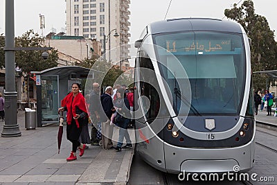 Jerusalem - Light tram on city railroad Editorial Stock Photo