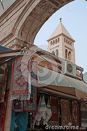 Jerusalem, Old City, Israel, Middle East, skyline, alley, arch, bell tower, carpet Stock Photo