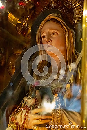 Jerusalem, Palestine, Israel-August 14, 2015: Church of the Holy Sepulchre. Statue of the blessed virgin Editorial Stock Photo