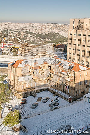 Jerusalem religious living block, aerial view, Snowy winter sunny day Stock Photo