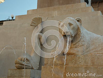 JESI, ITALY - MAY 17, 2022: Beautiful lion and fish shaped fountains outdoors Editorial Stock Photo