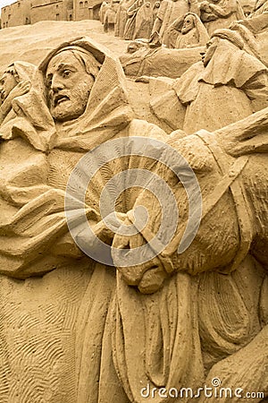 Jesolo lido, Italia : Sand Nativity 2016: wonderful sand scultures depicting the sacred family and the exodus of the bible. Editorial Stock Photo