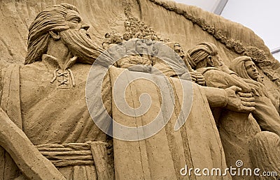 Jesolo lido, Italia : Sand Nativity 2016: wonderful sand scultures depicting the sacred family and the exodus of the bible. Editorial Stock Photo