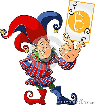 Jester holding a winning bitcoin joker card. Vector Illustration