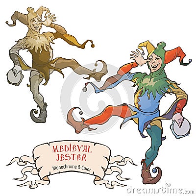 Jester or royal fool dances balancing on one foot making faces and playing tamburine Vector Illustration