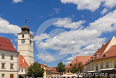 The Jesuit church Biserica Romano-Catolica Sfanta Treime is a very large building with a bell tower, Sibiu, Romania Editorial Stock Photo