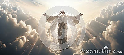 Jesus ascending to heaven with divine concept of god and second coming in bright sky with clouds Stock Photo