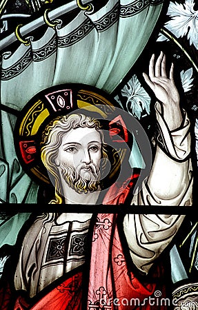 Jesus calming the storm in stained glass Stock Photo