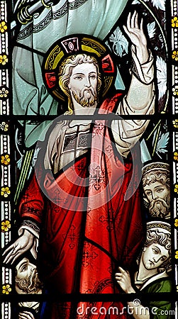 Jesus calming the storm in stained glass Stock Photo