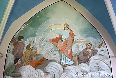 Jesus Calms the Storm, fresco in the All Saints Church in the Bedenica, Croatia Stock Photo