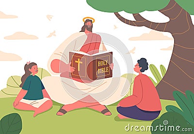 Jesus Character Seated On Summer Field, Captivates Children By Reading The Bible, Sharing Timeless Stories Vector Illustration