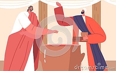 Jesus Character Turns Water Into High-quality Wine. Biblical Miracle Performed At A Wedding Feast In Cana Vector Illustration