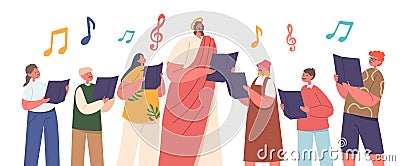 Jesus And Children Sing Joyfully, Holding Chorals With Notes In Their Hands. Harmonious Melodies Fill The Air Vector Illustration