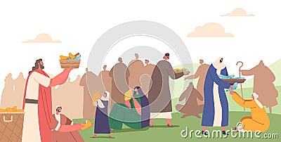 Jesus Christ Apostles Characters Feeding Hungry Crowd with Five Loaves and Two Fish. Cartoon People Vector Illustration Vector Illustration