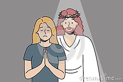 Jesus Christ appeared to blonde girl in prayer. Vector Illustration