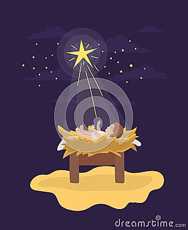 Jesus christ baby in cradle manger character Vector Illustration
