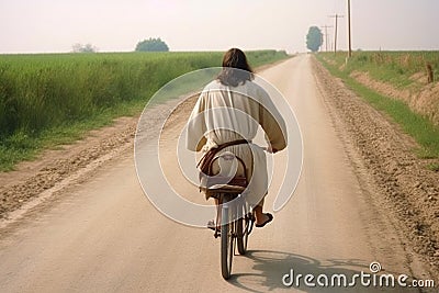 Jesus christ on bike driving alone back view, created with Generative AI technology Stock Photo