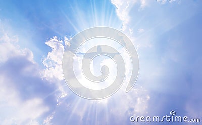 Jesus Christ In The Clouds Of Heaven blue sky background Stock Photo