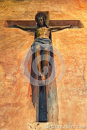 Jesus Christ on cross in Abbbey of Pomposa Stock Photo