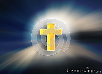 Jesus Christ cross on a sky with dramatic light, clouds, sunbeams. Easter, resurrection, risen Jesus concept Stock Photo