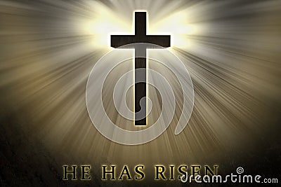 Jesus Christ cross elevated, raised up, shrouded by light and glow and He has risen text written on a stone background. Stock Photo
