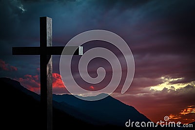 Jesus Christ cross at sunset Stock Photo