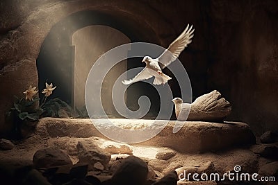 Jesus Christ crucifixion death and resurrection and easter dove flying in a stone tomb created by generative AI Stock Photo