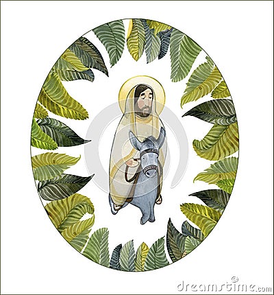 Jesus Christ on a donkey wearing a wreath of palm branches, Palm Sunday christian bible illustration. Easter decoration, christian Cartoon Illustration