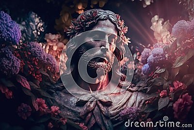 Jesus Christ dreamy flowers painting. Generative AI Stock Photo