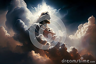 Jesus Christ, God, in the clouds, surrounded by clouds, Second Coming of Christ, Christian illustration Cartoon Illustration