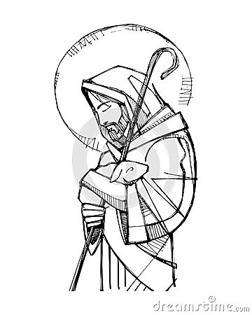 Jesus Christ Good Shepherd ink illustration Vector Illustration