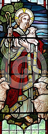 Jesus Christ: The Good Shepherd in stained glass Stock Photo