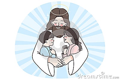 Jesus Christ hug cuddle small children Vector Illustration