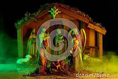 Jesus Christ, Mary and Josef. Christmas figurines. Birth of Jesus in Bethlehem. Biblical scene. Stock Photo