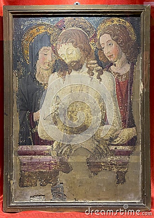 Jesus Christ in Mercy with Madonna and Saint John the Evangelist in the Museum of the Basilica of Saint Stephen. Editorial Stock Photo