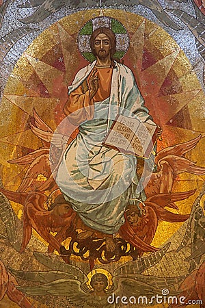 Jesus Christ mosaic in orthodox Church of the Savior, Saint Petersburg, Russia Editorial Stock Photo