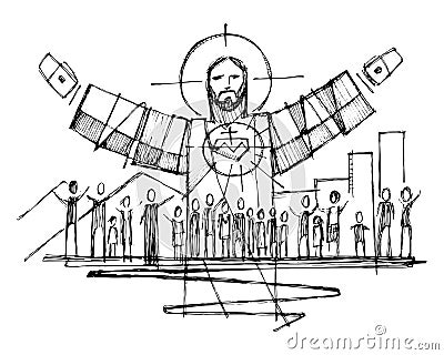 Jesus Christ with open arms and and people illustration Vector Illustration