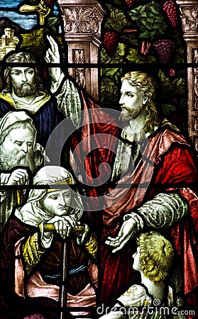 Jesus Christ preaching (stained glass window) Stock Photo